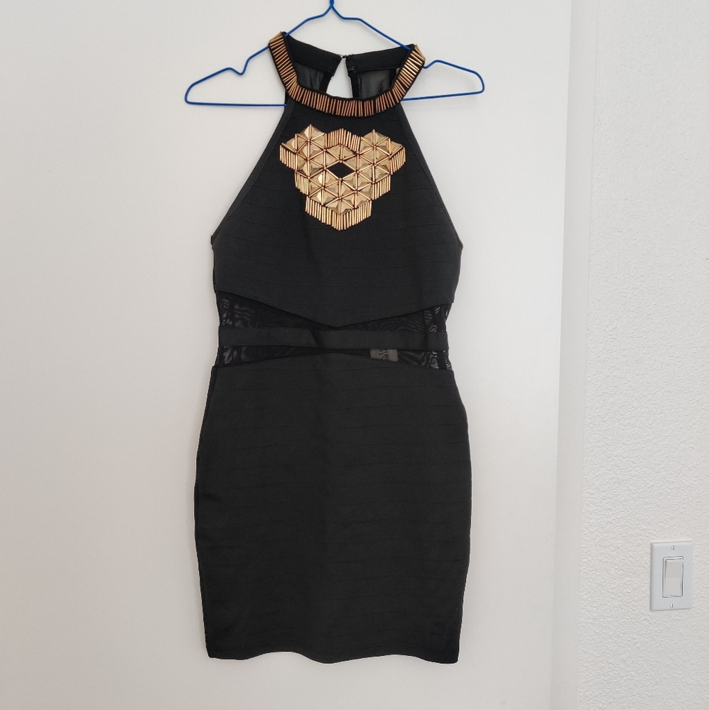 Forever 21 Black Sleeveless Bandage Dress with Gold Bead Embellished Collar